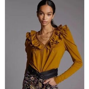 Anthropologie Gold Ruffled Long Sleeve Cotton V Neck Top